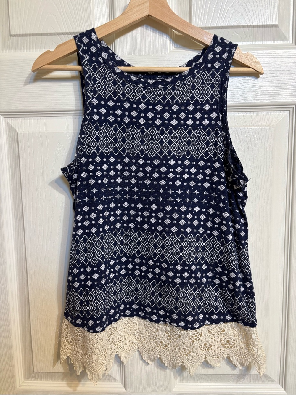 Maurices Navy Geometric Tank with Ivory Crochet Hem
